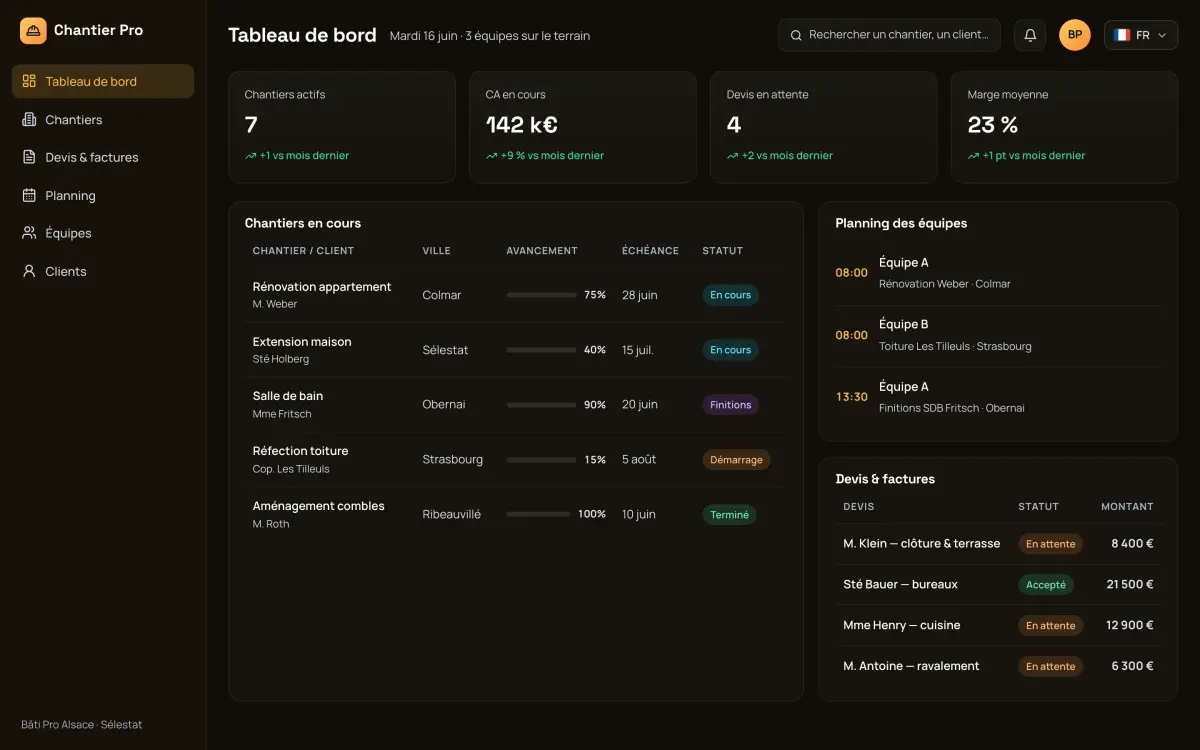 Aperçu de l'application Chantier Pro